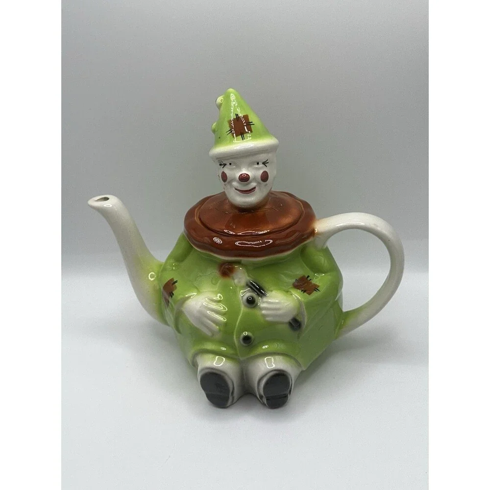 Tony Wood Studio Scarecrow Clown Teapot & Egg Cup Set England AS-IS Repair